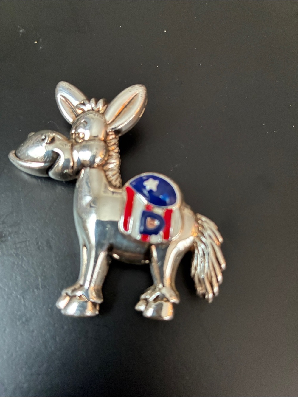 Patriotic Democratic Silver Donkey Brooch with Red, White & Blue Enamel